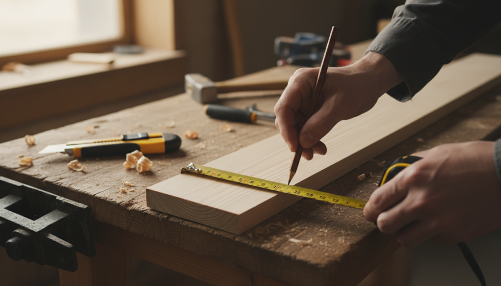 hands using measuring tape and marking wood board hands using measuring tape and marking wood board