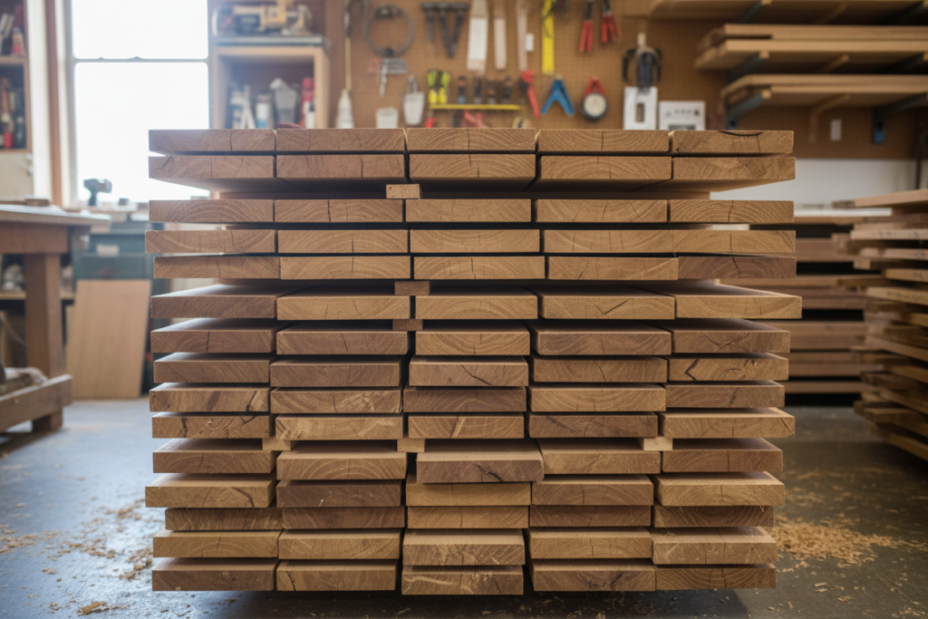 hardwood lumber stacked showing grain patterns