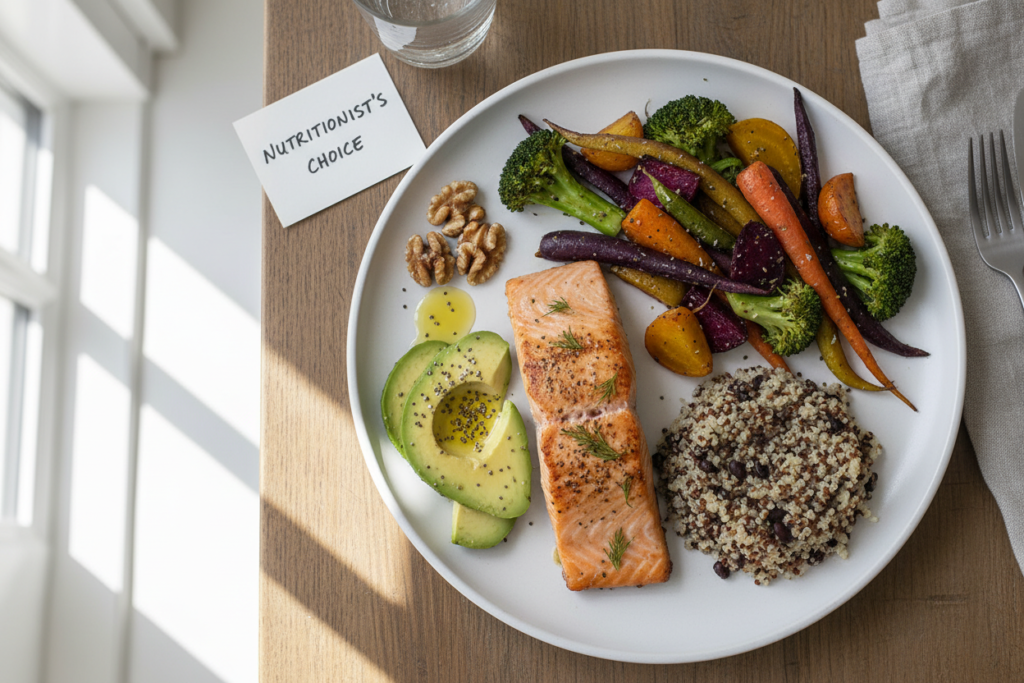 healthy balanced meal on plate showing proper portion sizes