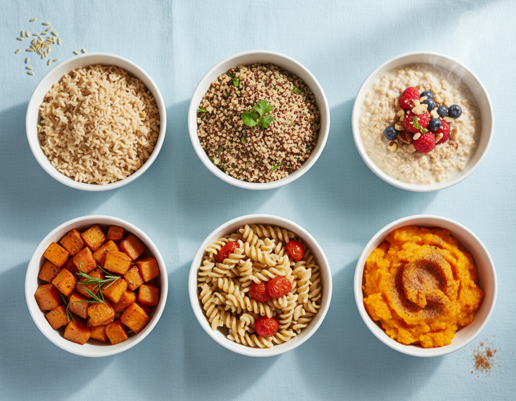 healthy carbohydrates including brown rice and sweet potatoes