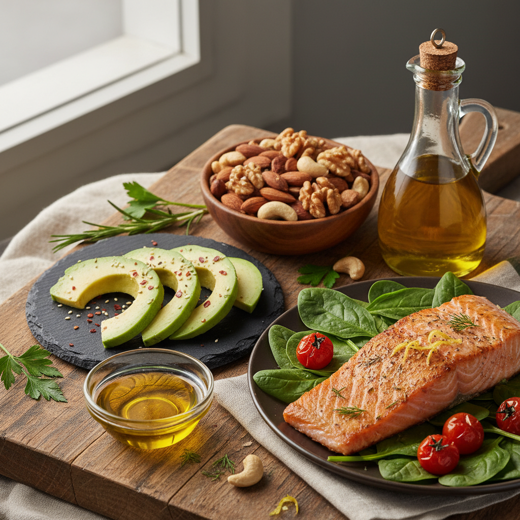 healthy fat sources including avocado nuts olive oil and fish