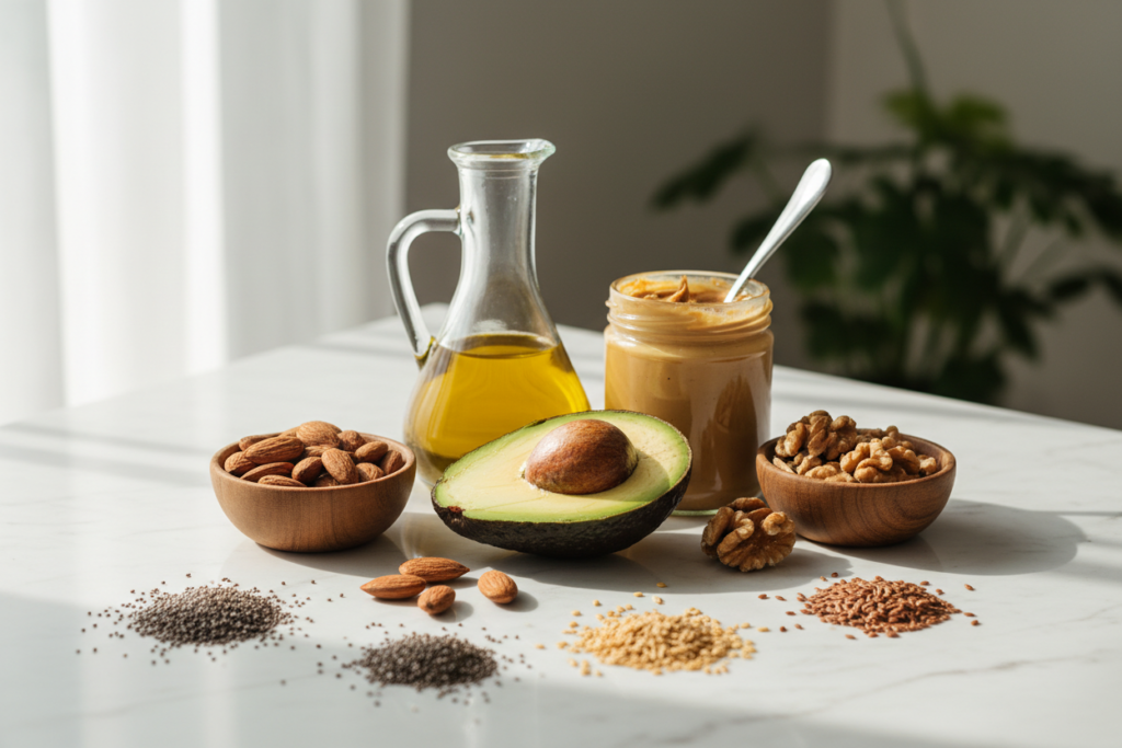healthy fats including avocado, nuts, and olive oil