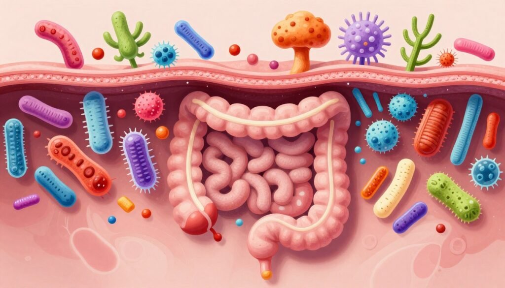 healthy gut microbiome with diverse bacterial colonies