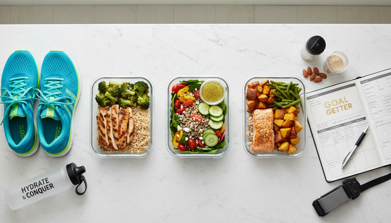 healthy habits for sustainable weight loss concept showing balanced meal prep and exercise equipment