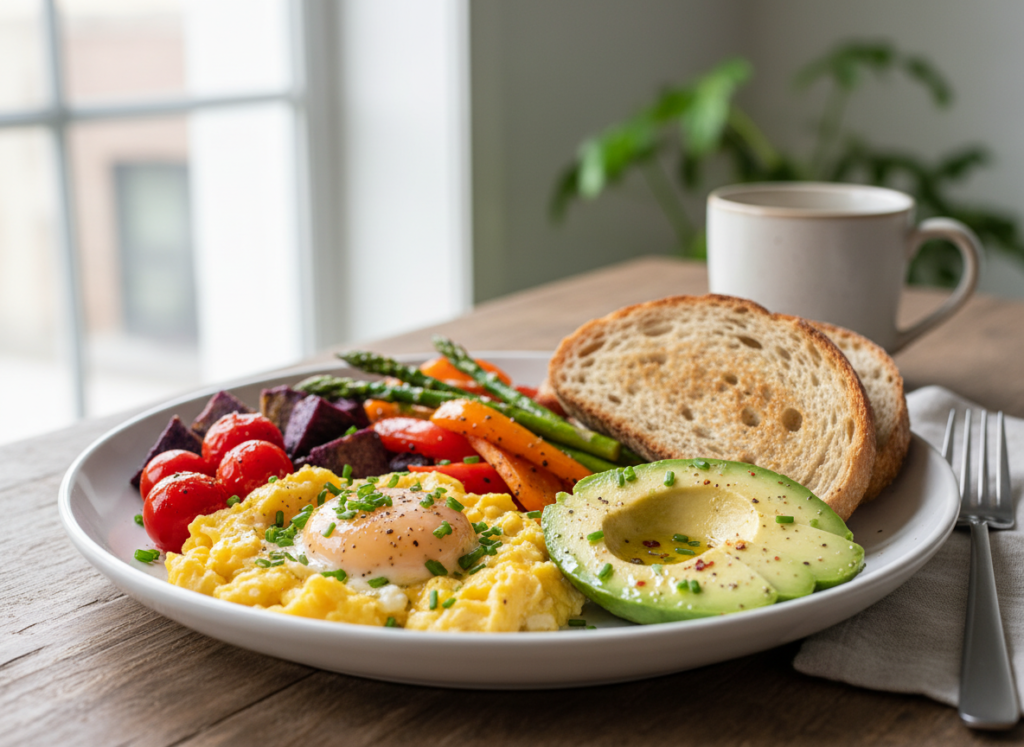 healthy high protein breakfast with eggs and vegetables