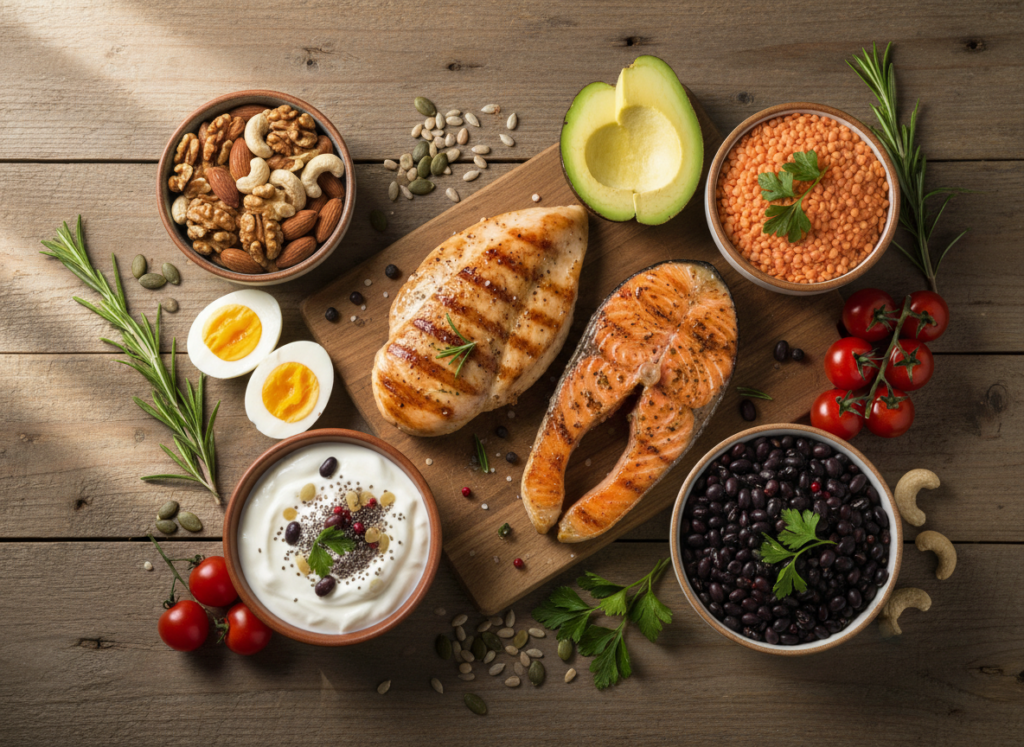 healthy high protein foods including chicken fish eggs and legumes arranged on table