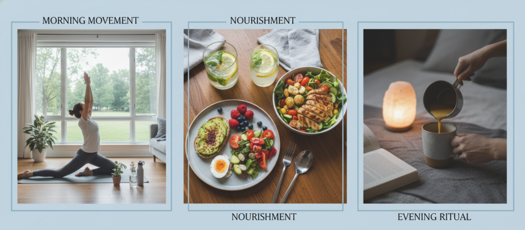 healthy lifestyle routine including bedtime drink preparation