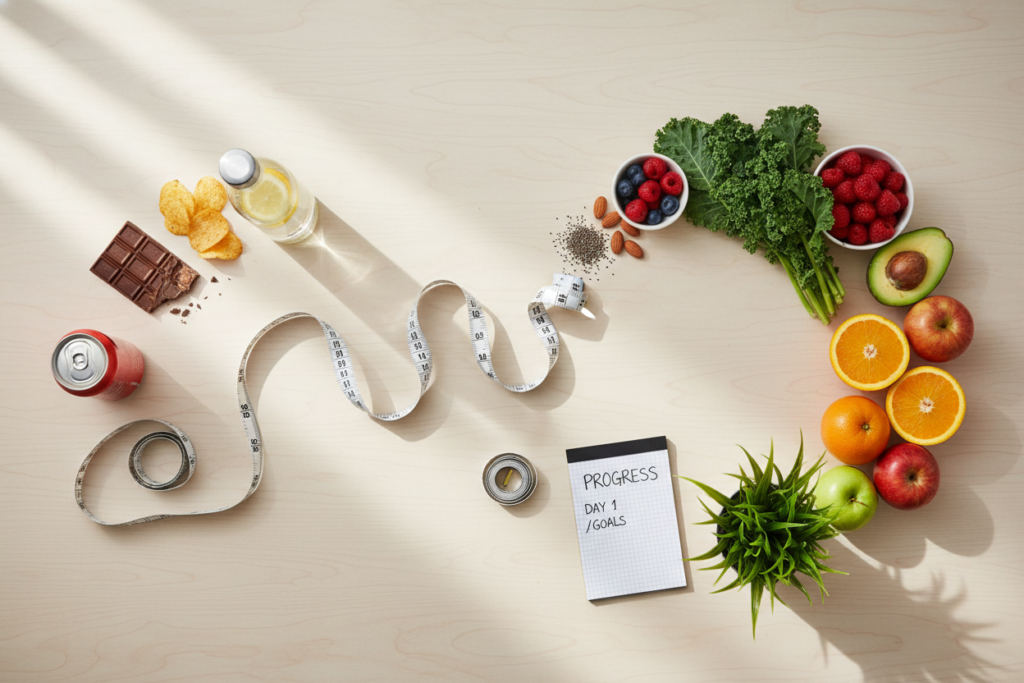 healthy lifestyle transformation concept with various healthy snacks