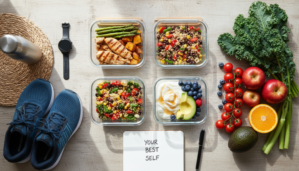 healthy lifestyle with balanced meals and exercise healthy lifestyle with balanced meals and exercise