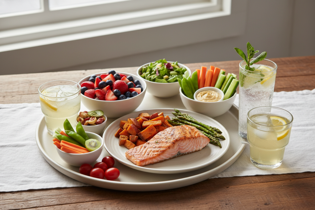 healthy lunch sides and beverages arranged