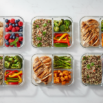 healthy meal prep containers with colorful vegetables and lean protein portions arranged on kitchen counter