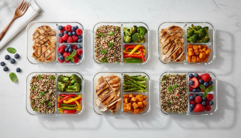 healthy meal prep containers with colorful vegetables and lean protein portions arranged on kitchen counter