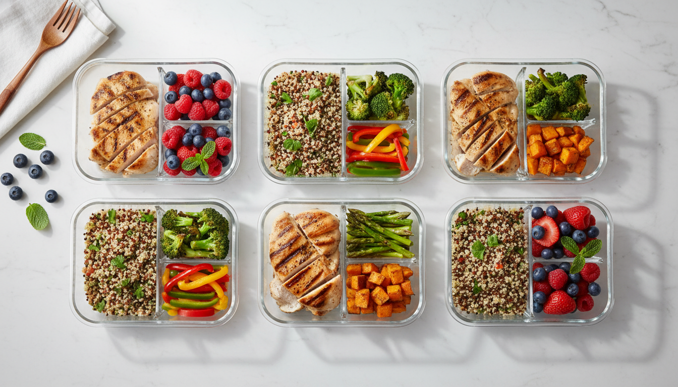 healthy meal prep containers with colorful vegetables and lean protein portions arranged on kitchen counter