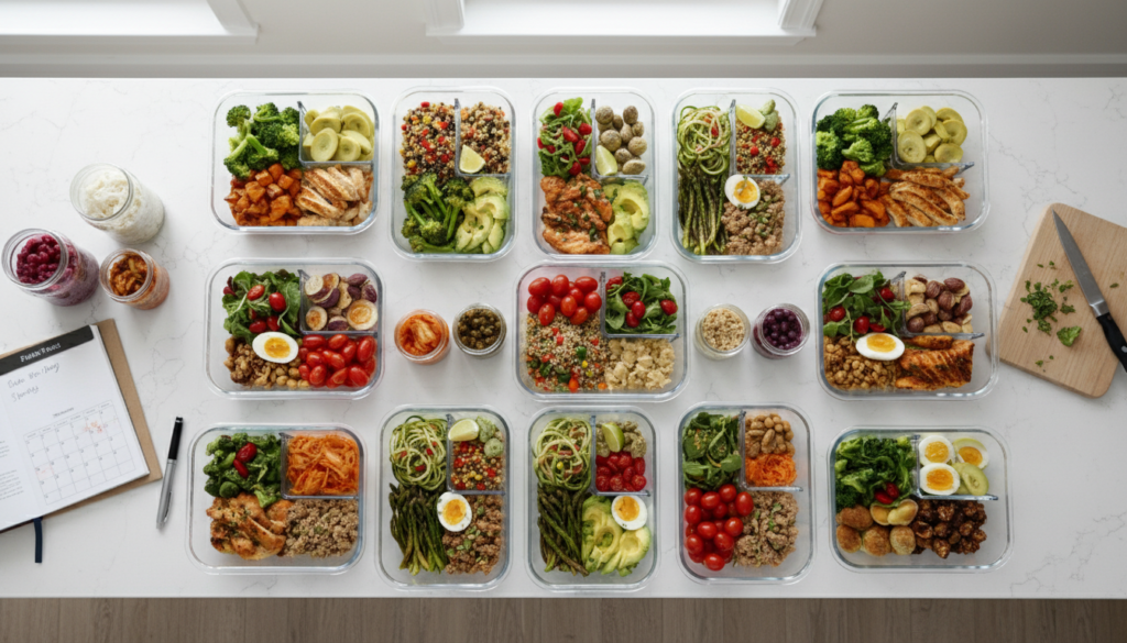 healthy meal prep containers with gut-friendly foods organized in kitchen