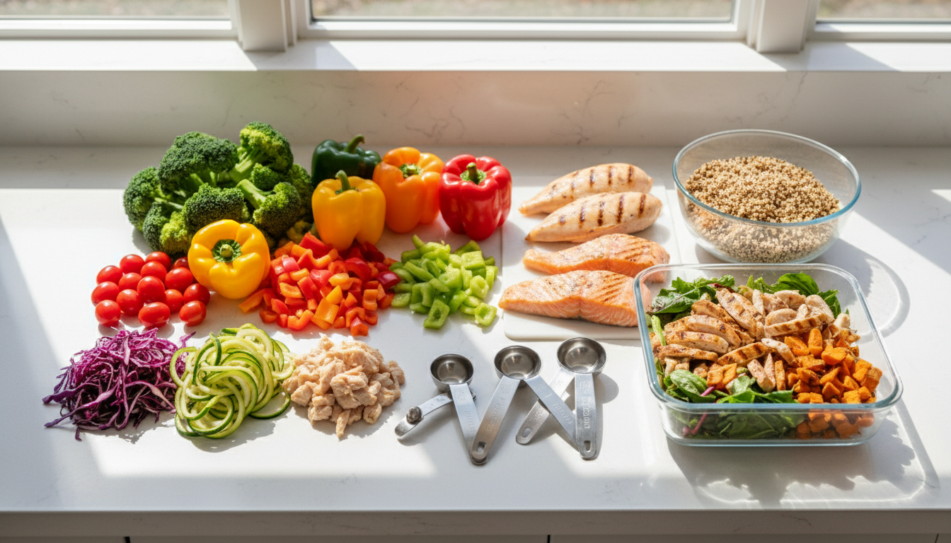 healthy meal preparation with fresh vegetables and lean proteins for weight loss tips diet