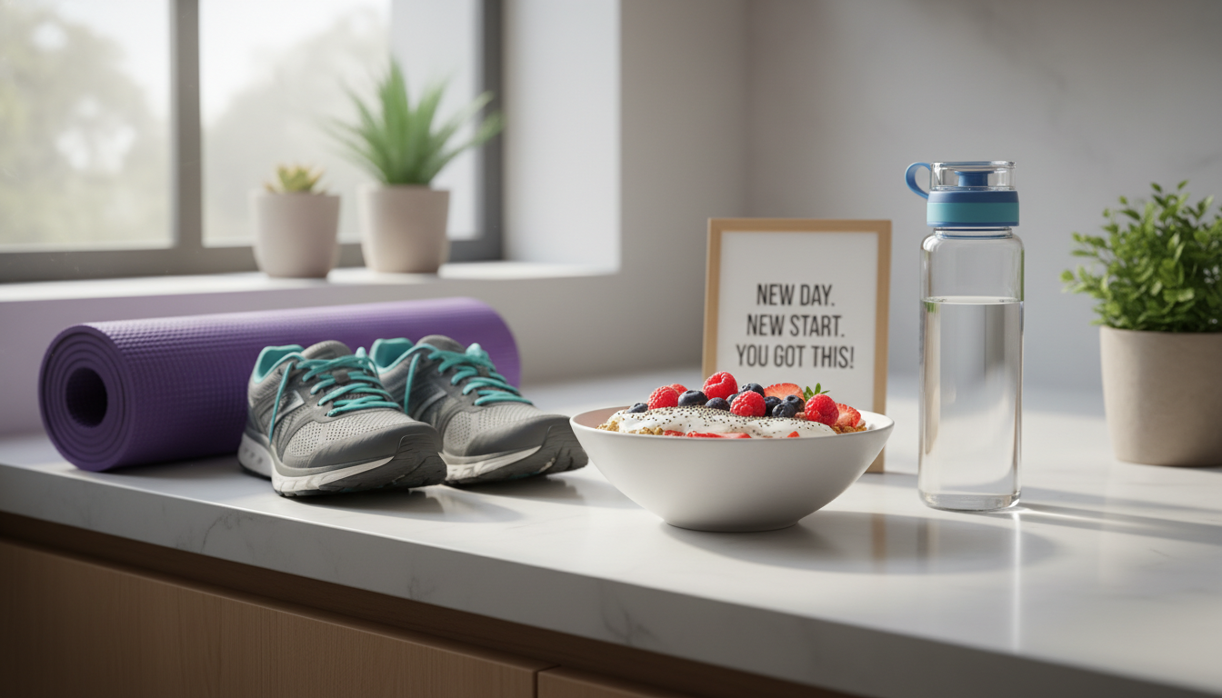 healthy morning routine for weight loss beginners with nutritious breakfast and exercise equipment