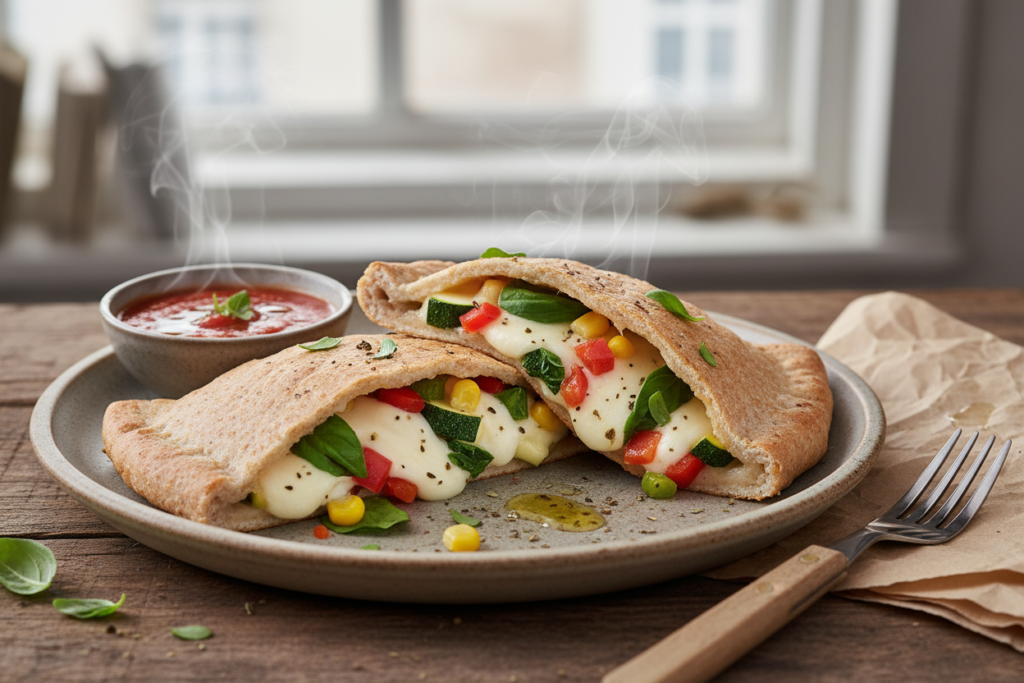 healthy pizza pocket cut open showing vegetable filling