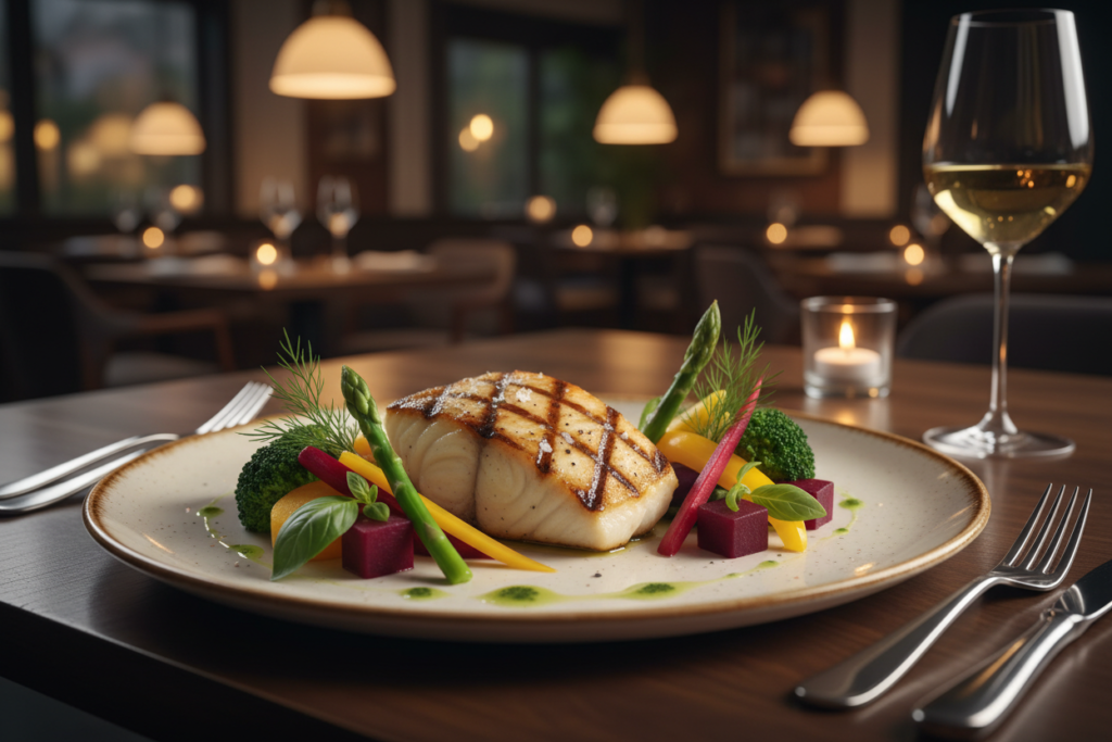 healthy restaurant meal grilled fish vegetables