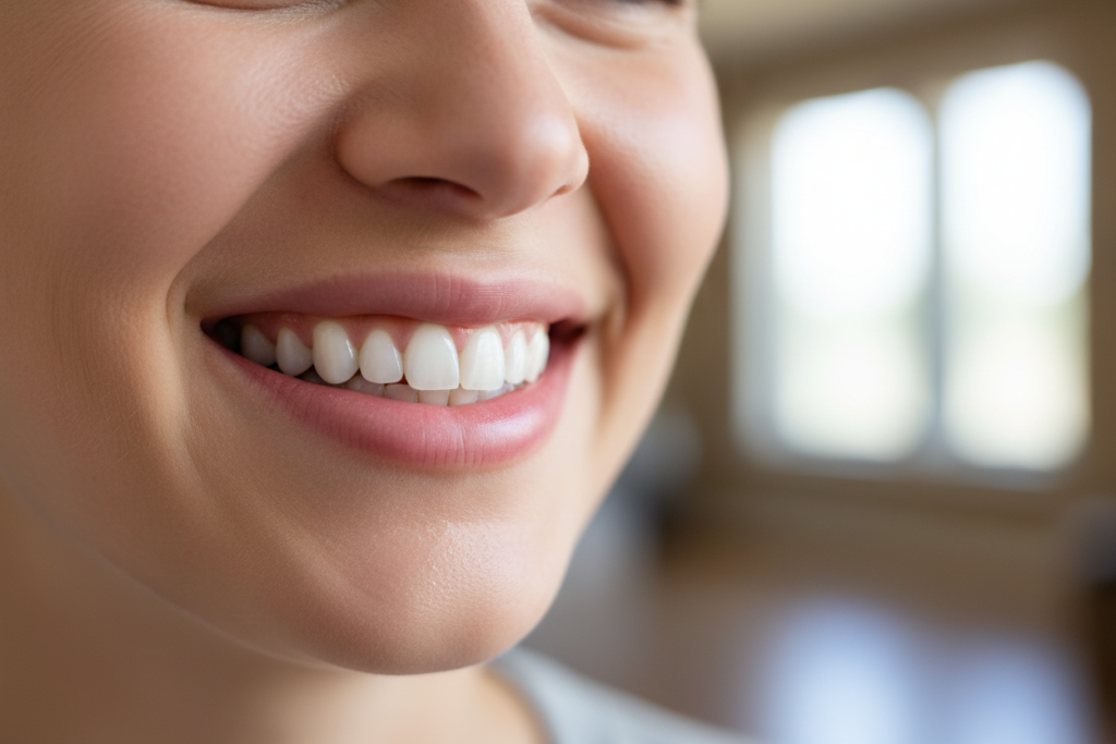 healthy smile showing white teeth and pink gums after successful treatment