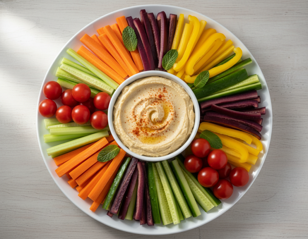 healthy snack plate with vegetables and hummus healthy snack plate with vegetables and hummus