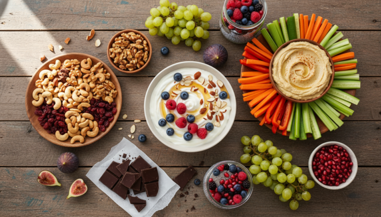 healthy snacks for weight losing arranged on a wooden table