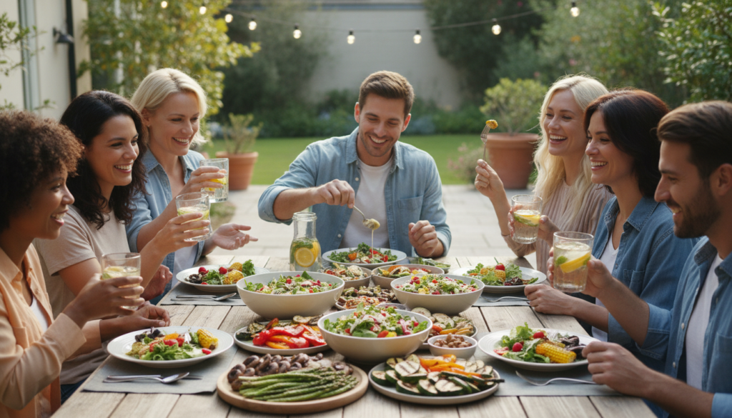 healthy social gathering with nutritious food options and friends