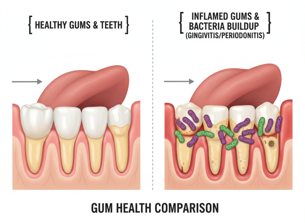 healthy teeth and gums compared to diseased gums showing oral health importance