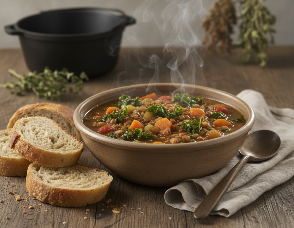 hearty lentil vegetable stew in bowl