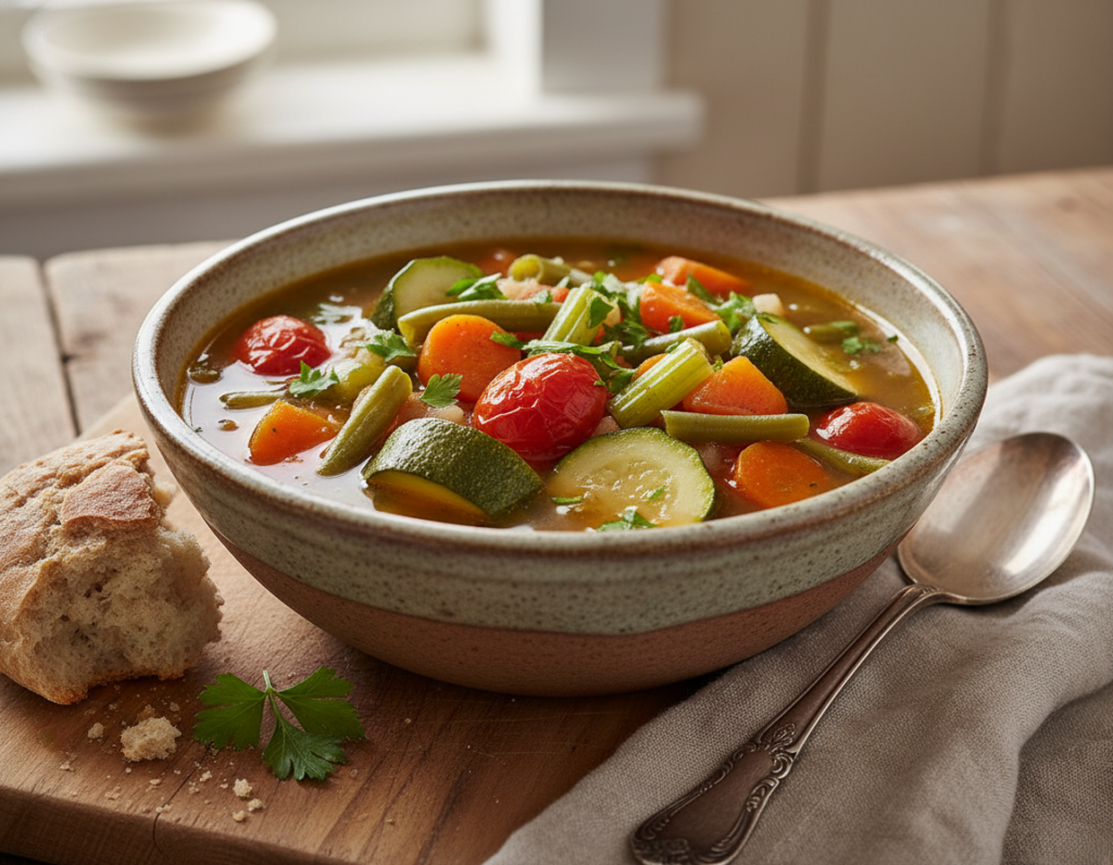 hearty vegetable soup in ceramic bowl