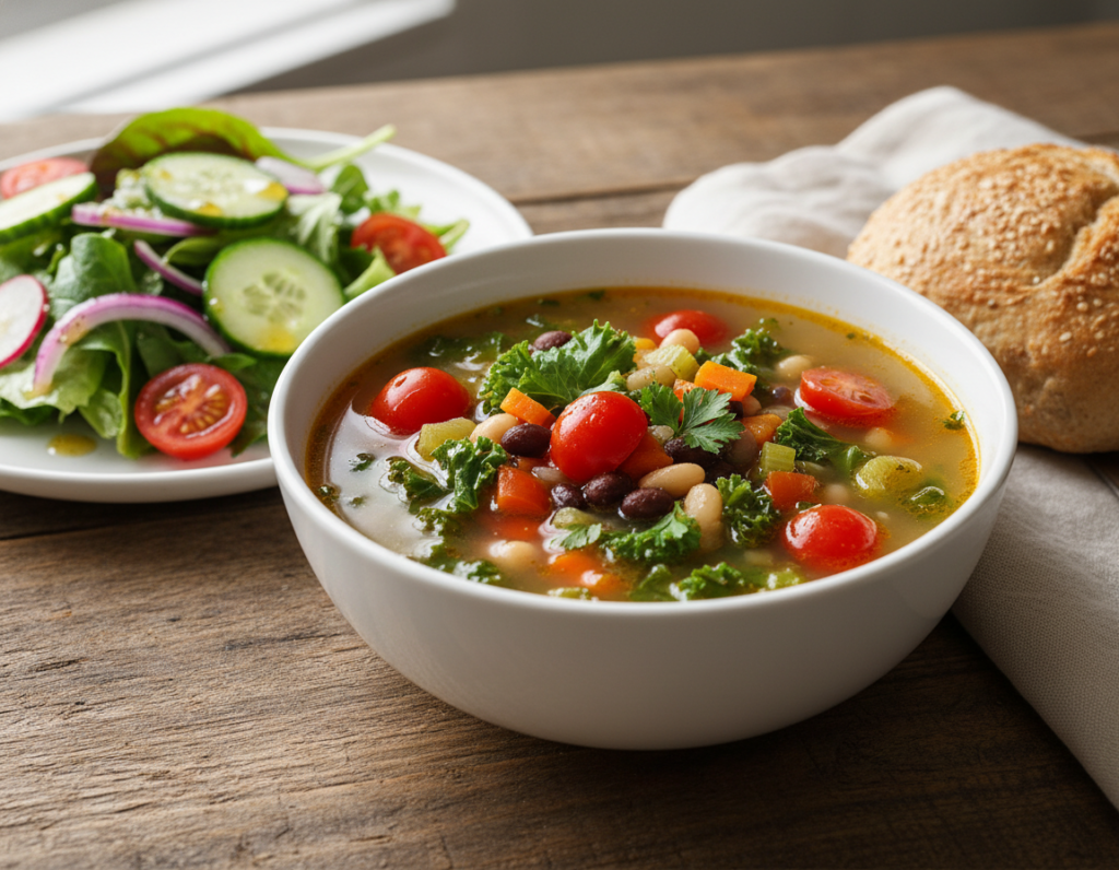 hearty vegetable soup in white bowl with side salad hearty vegetable soup in white bowl with side salad