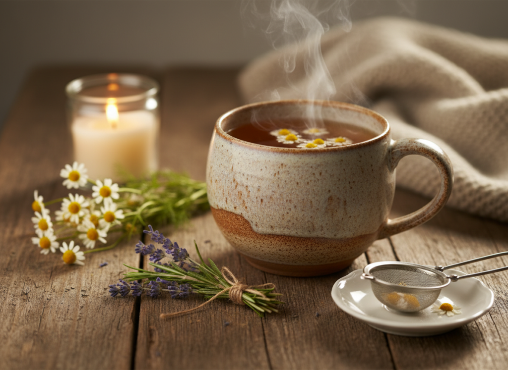 herbal tea in cup promoting sleep and metabolism