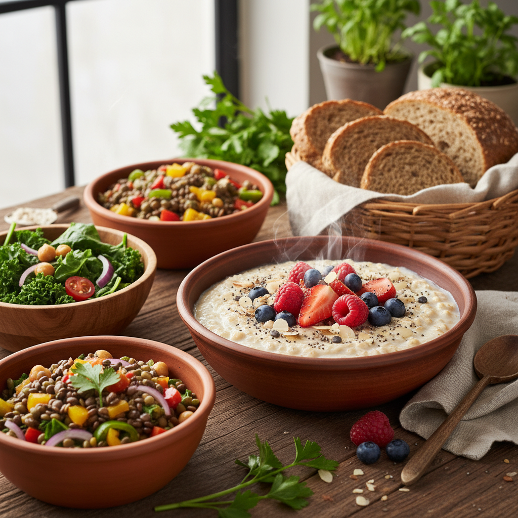 high fiber foods including oats berries vegetables and whole grains in bowls