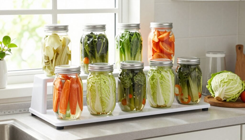 home fermentation setup with jars and vegetables
