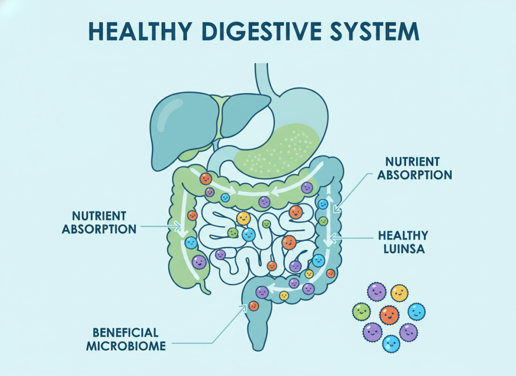 illustration of healthy gut microbiome showing digestive health and probiotic bacteria