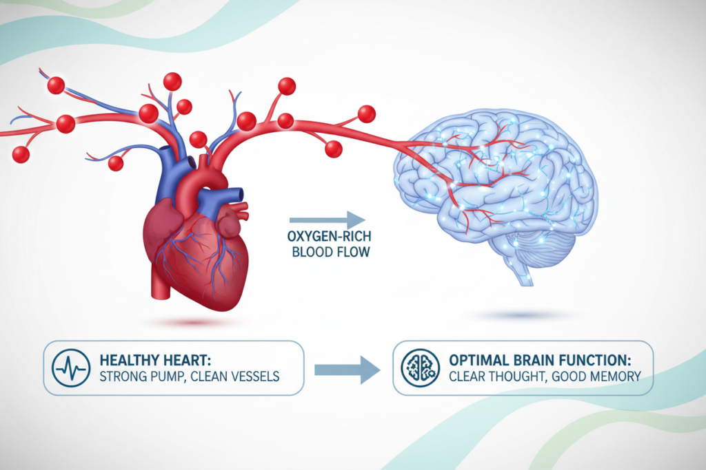 illustration of healthy heart and brain connection through blood flow