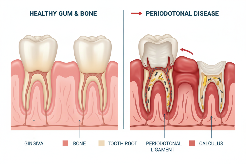 illustration showing healthy versus diseased gum tissue
