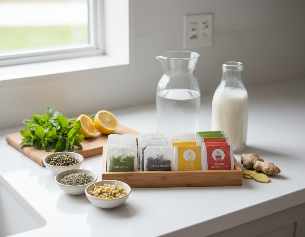 ingredients for healthy bedtime drinks arranged on counter