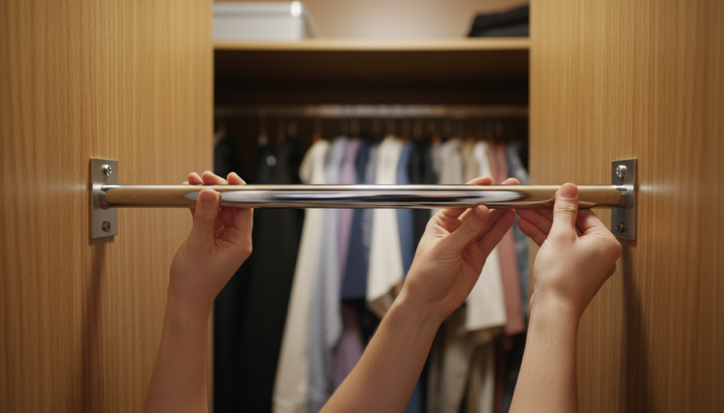 installing closet rod and brackets in wooden closet organizer system