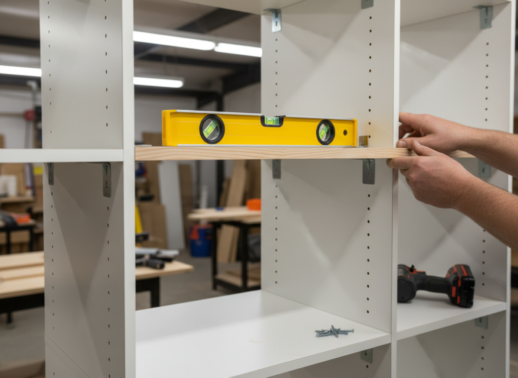 installing wooden shelf into closet organizer frame with level tool