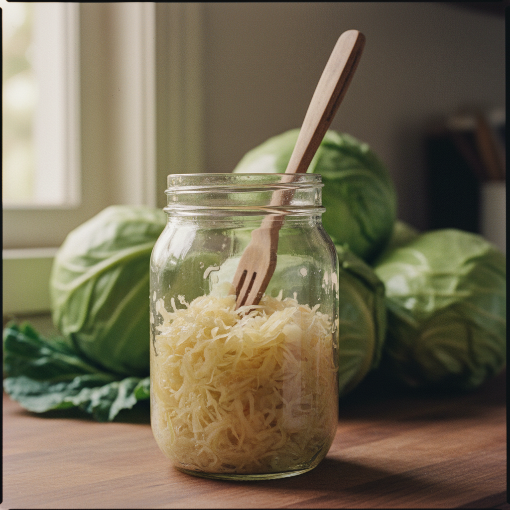 jar of homemade sauerkraut with fresh cabbage in background