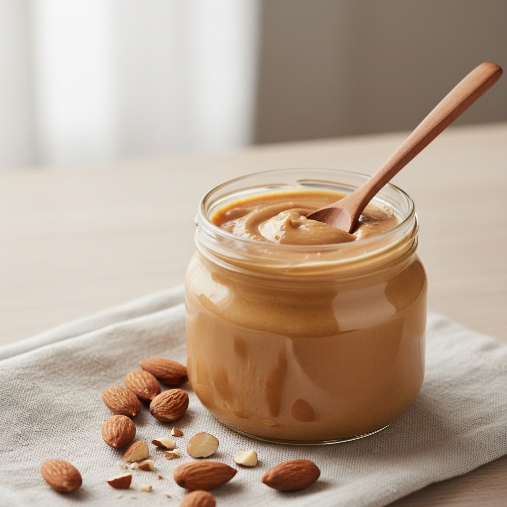 jar of natural almond butter with spoon