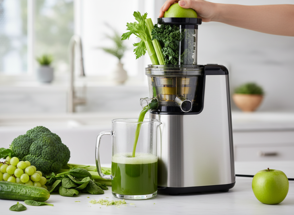 juicer preparing fresh green juice juicer preparing fresh green juice