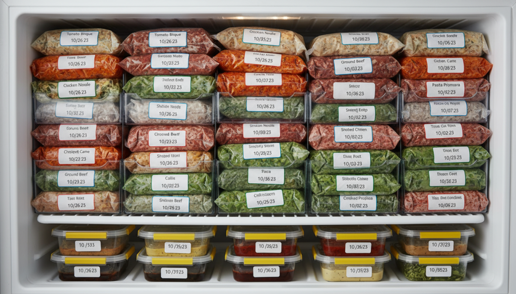 labeled freezer meals organized in freezer