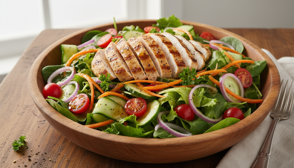 large chicken salad with colorful vegetables large chicken salad with colorful vegetables