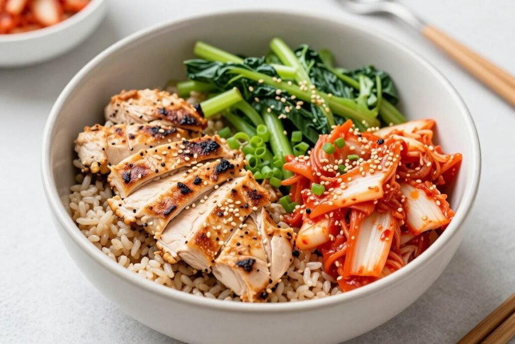 lunch bowl with kimchi and vegetables