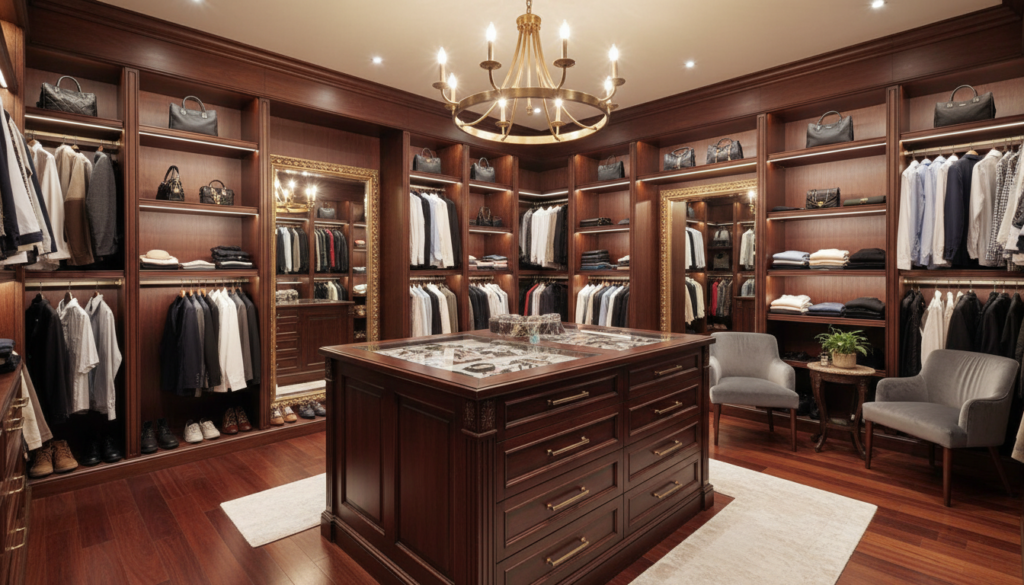 luxury walk-in closet with center island and built-in storage