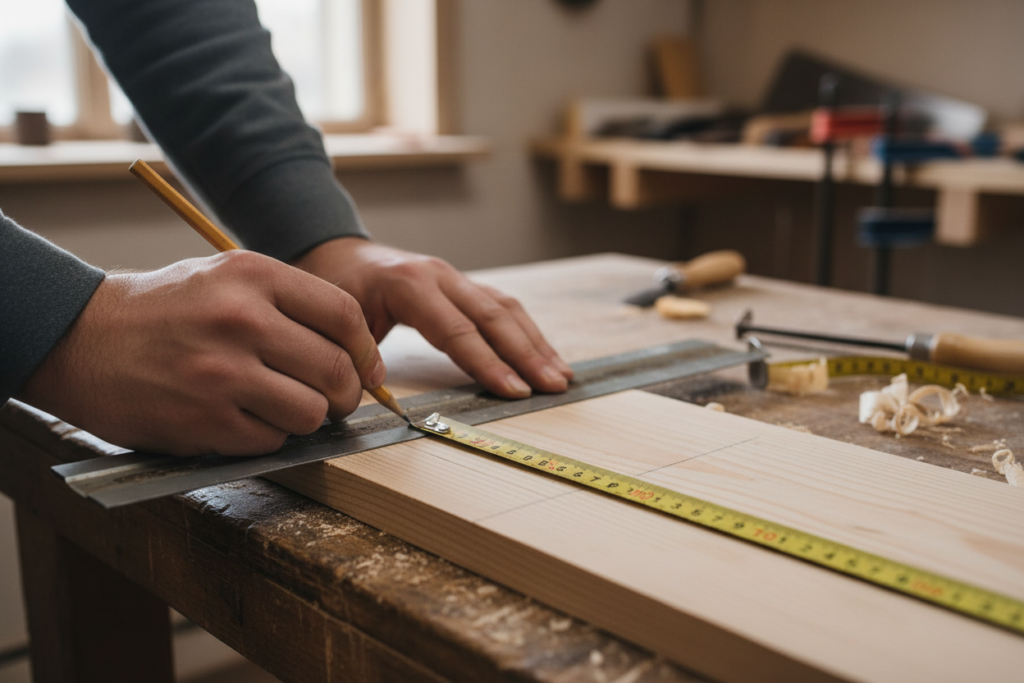 marking measurements on wood board with pencil and square for closet organizer