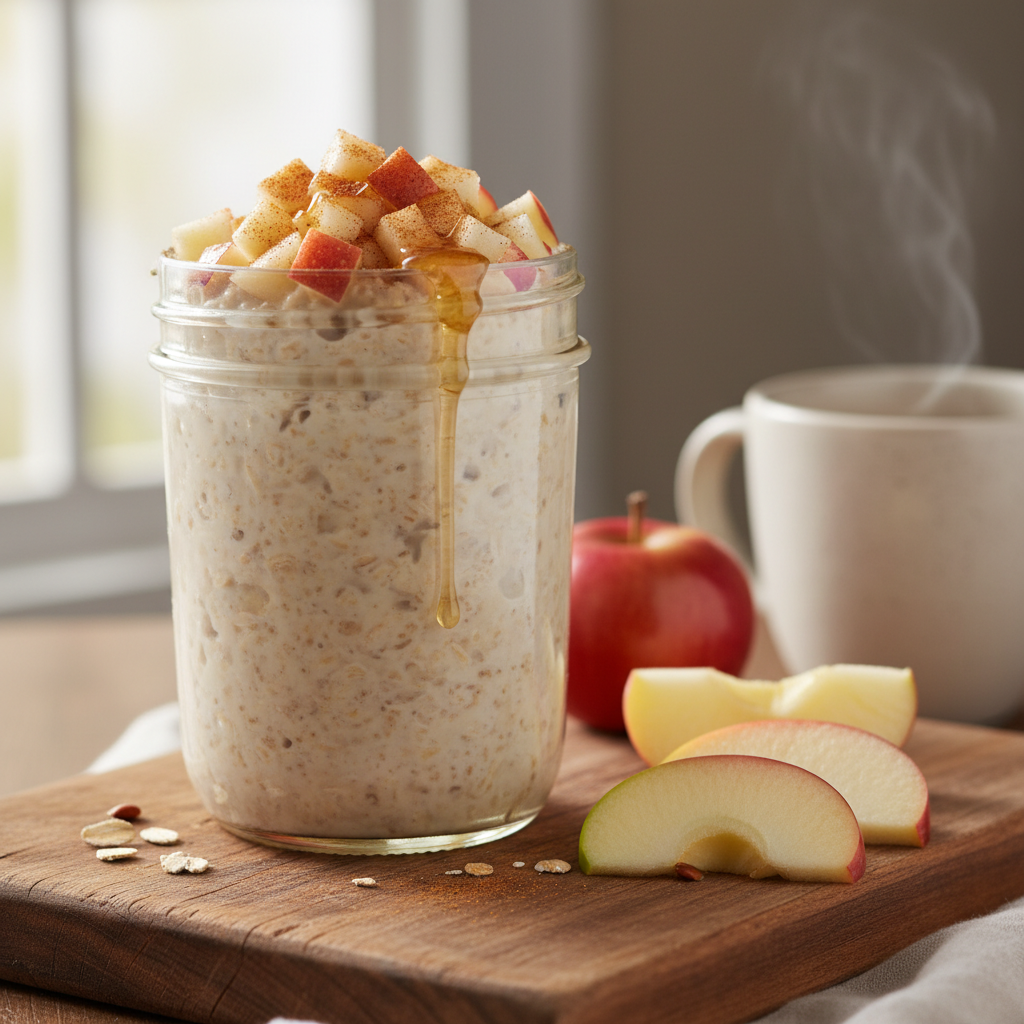 mason jar filled with apple pie overnight oats topped with cinnamon mason jar filled with apple pie overnight oats topped with cinnamon