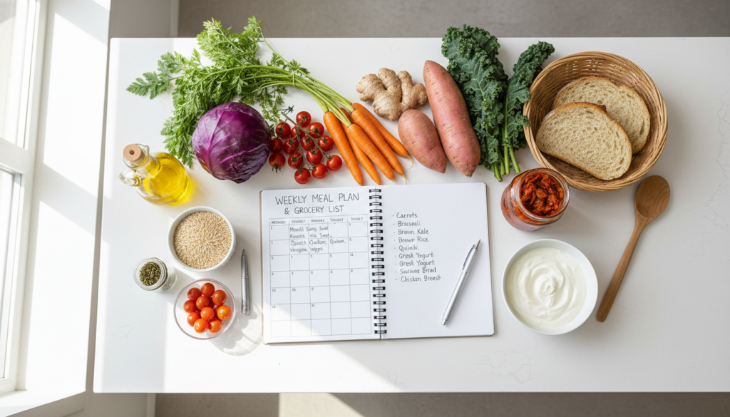 meal planning notebook with healthy gut foods and shopping list