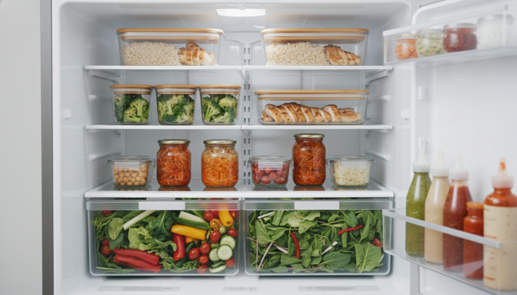 meal prep containers filled with various gut healthy meal components organized in refrigerator meal prep containers filled with various gut healthy meal components organized in refrigerator